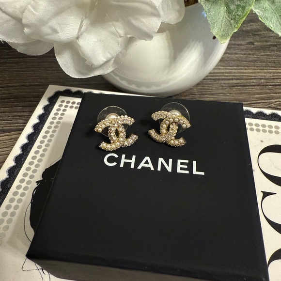 CHANEL Small Gold CC Crystal Faux Pearl Stud Earrings - Picture 1 of 10